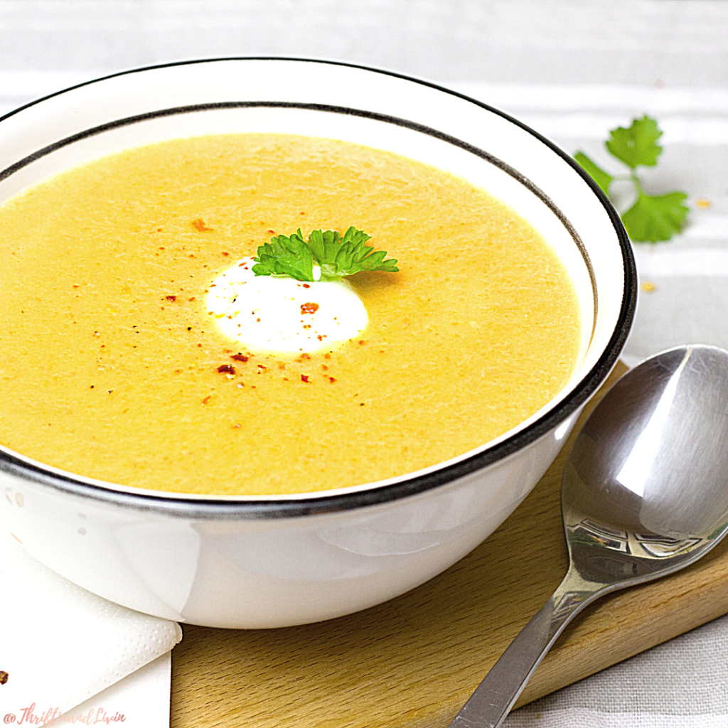 This is a picture of a yellow soup. Soup is a great way to make meals stretch further and use up leftover meats and vegetables.