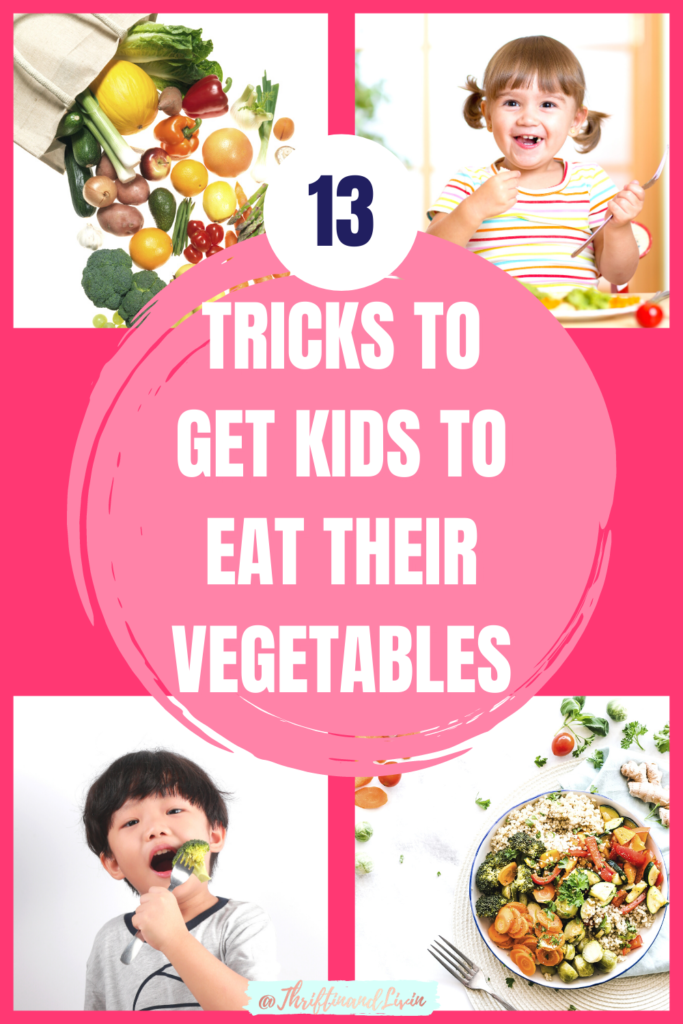 Bright pink pinterest image with four smaller images in each of the four corners: two of toddlers eating vegetables, one of a spilled bag of fresh vegetables and one of a vegetable dish. The heading on the image is primarily white with navy numbers and says "13 tricks to get kids to eat their vegetables" in all caps.