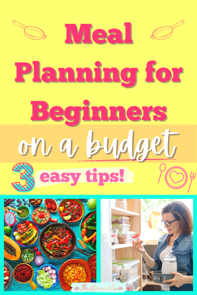 How To Meal Plan on a Budget - The Beginners Guide Pin Image with bright yellows and teals with pink accents.