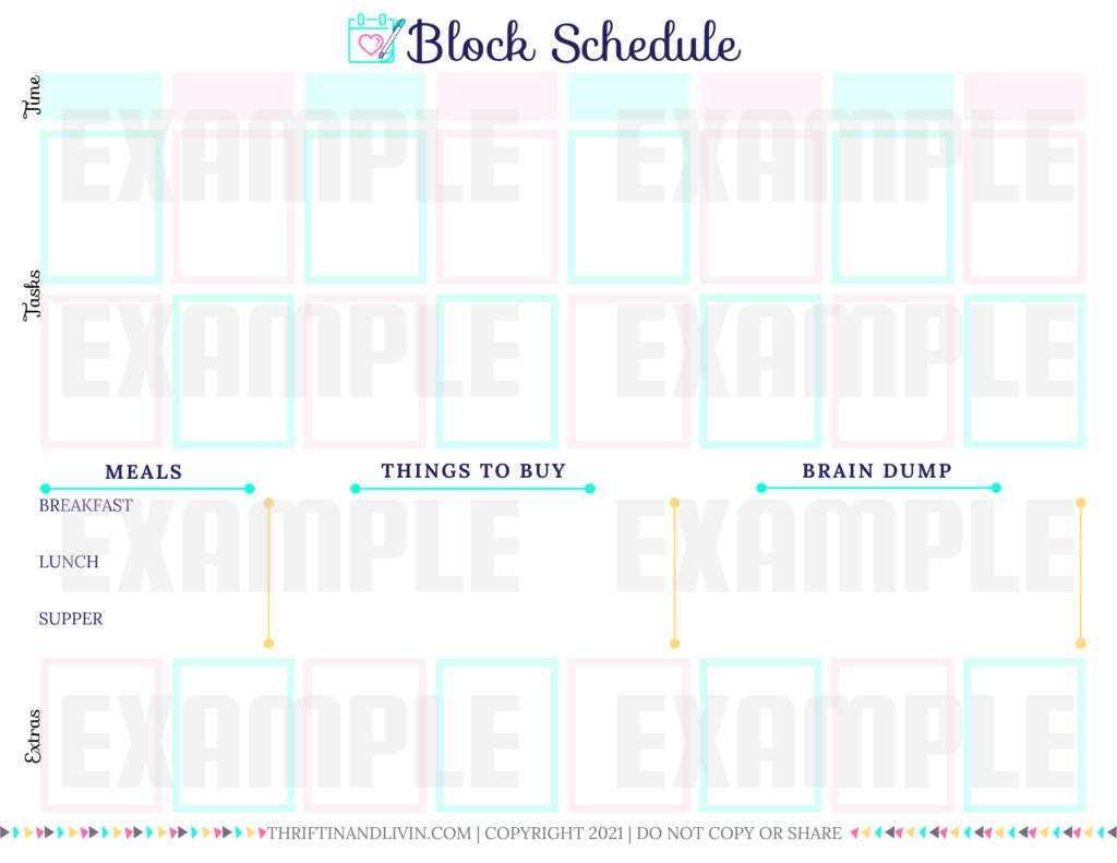 Example of the block schedule printable that's available as part of your purchase of our Mama's Burnout Rescue Toolkit. This block schedule printable includes places to plan tasks for 8 time blocks, meals, things that need purchased, brain dump section, and section for extra tasks that need done.